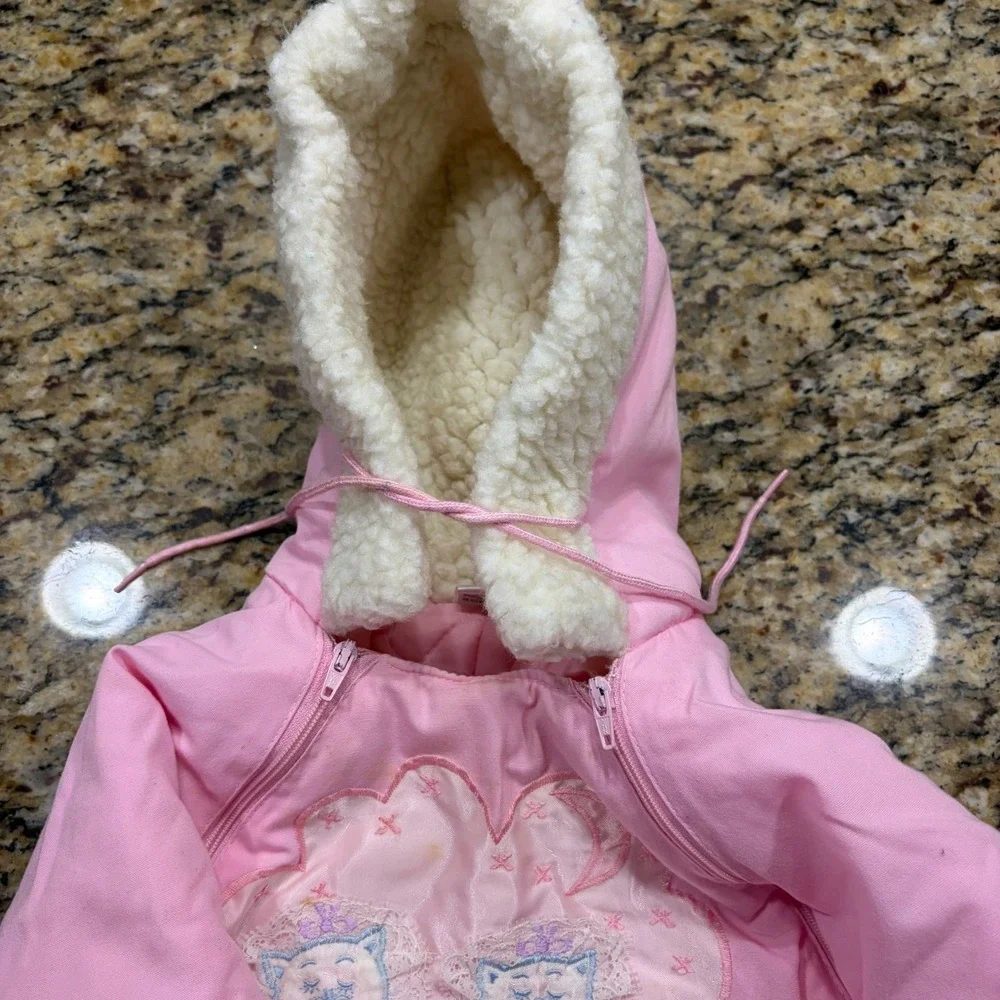 Vintage Pink Toddler Snowsuit 18M Cat Applique Faux Shearling Hood Quilted